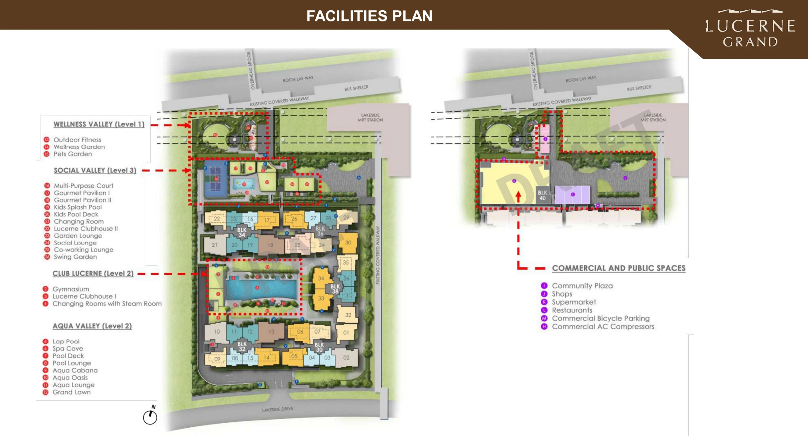 Lucerne Grand facilities plan showing the five blocks, landscape valleys and Lucerne Galleria podium